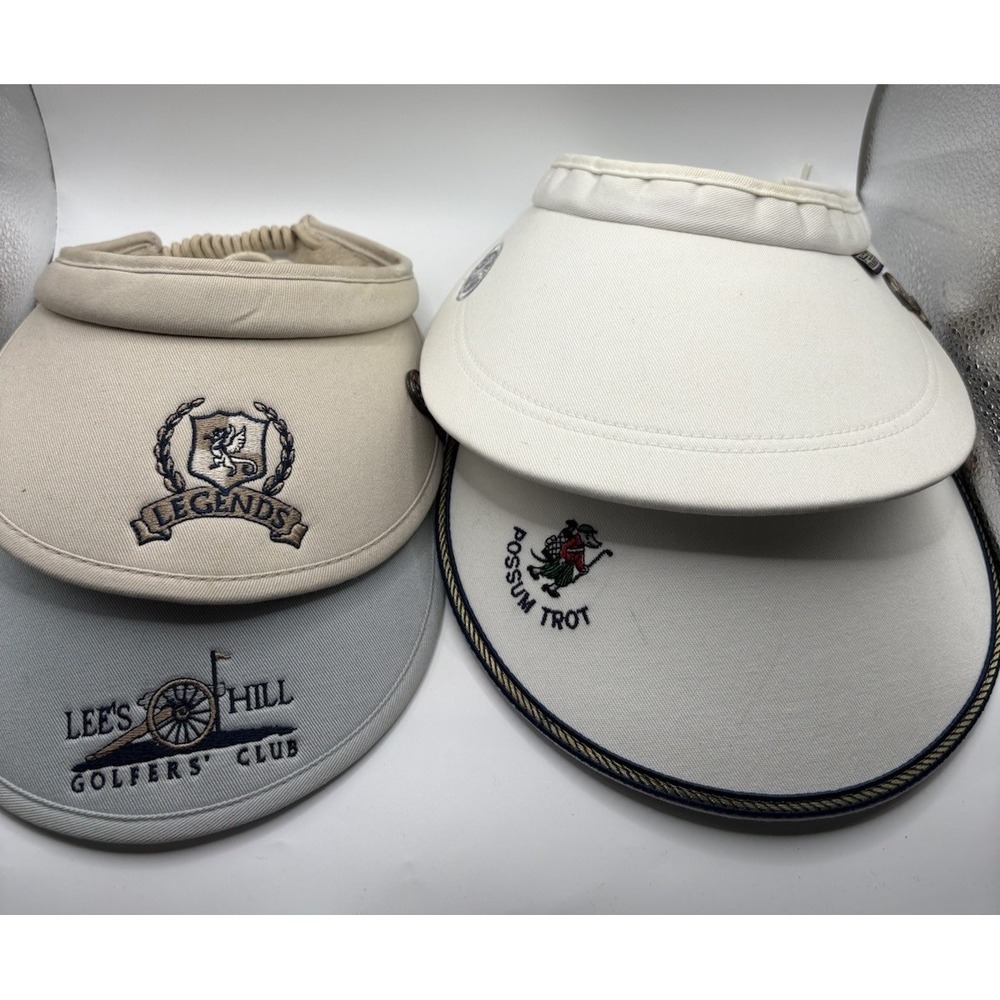 Lot of 4 Golf Visors Hats Possum Trot Ahead Lites Lee's Hill Legends USA